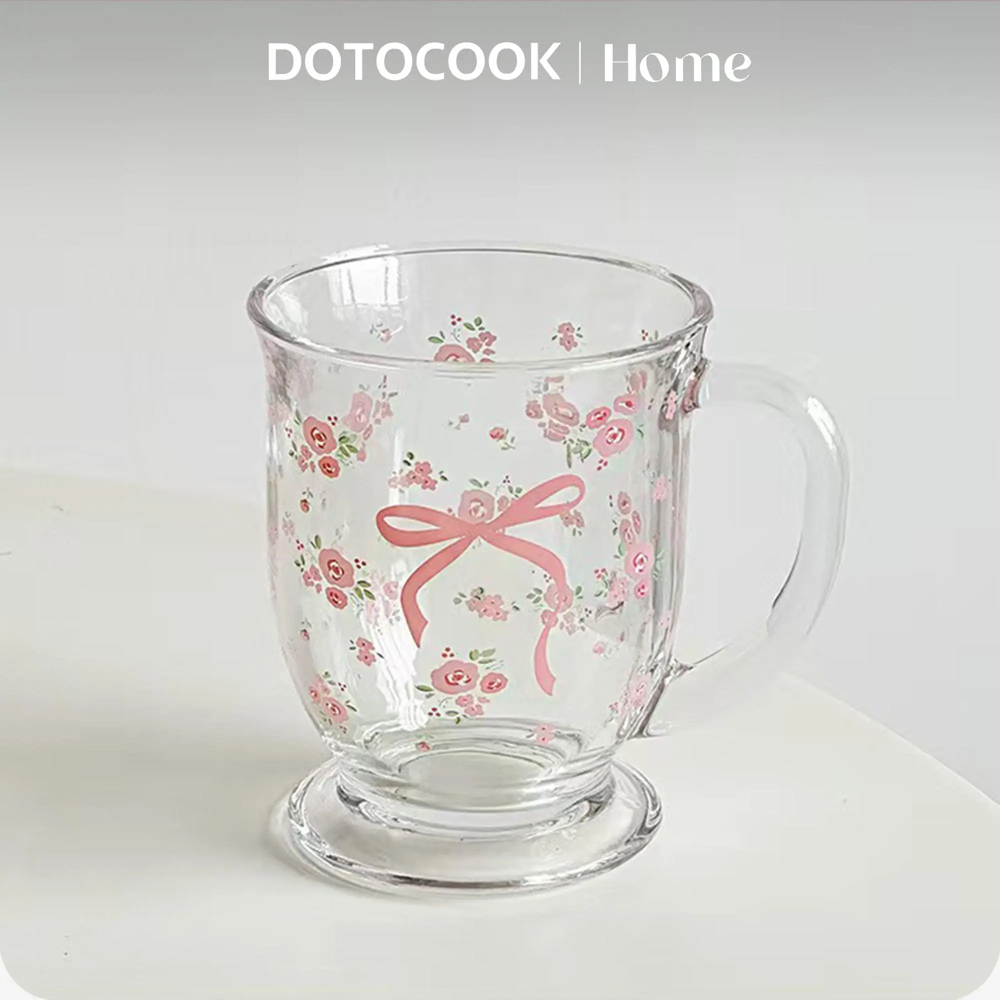 Flower & Bow Pattern Glass, 2 Counts 15.22oz U-shaped Handle Glass, Home Hand Washable & Reusable Drinking Cup for Milk, Coffee, Juice, Drinkware