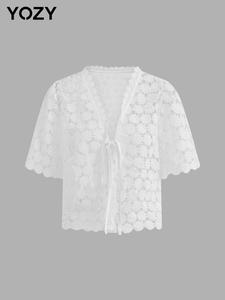 YOZY Women's Solid Color Lace Semi-sheer Jacket, Casual Short Sleeve Tie Front Outerwear for Daily Wear, Ladies Clothes for All Seasons