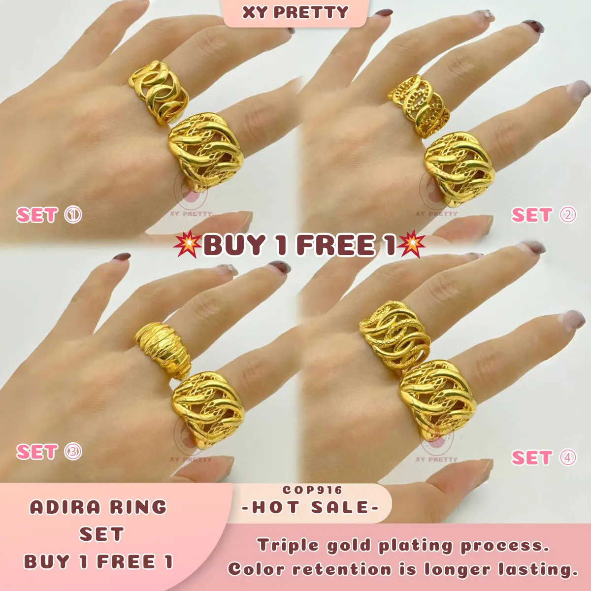 ADIRA RING SET BUY 1 FREE 1 - Adjustable ring size - Pure gold plated jewelry - Durable - Hypoallergenic - XYPRETTY