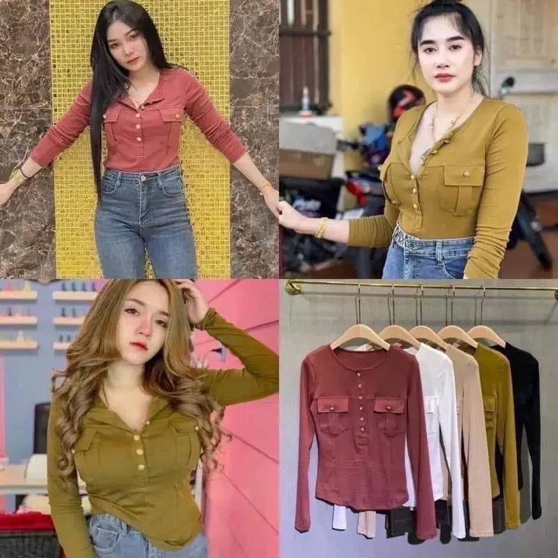 เสื้อกระดุมทองแขนยาว ทรงซ้อ เสื้อโมเมกระดุมทอง