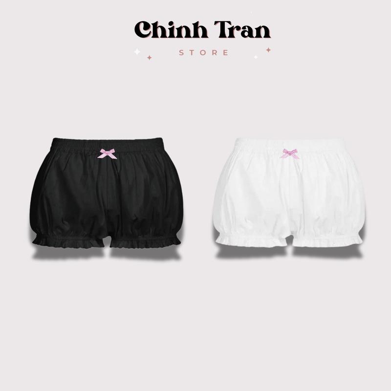 Quần Đùi Bí Nữ Gắn Nơ Phối Viền Ren Dễ Thương Basic Nhiều Màu