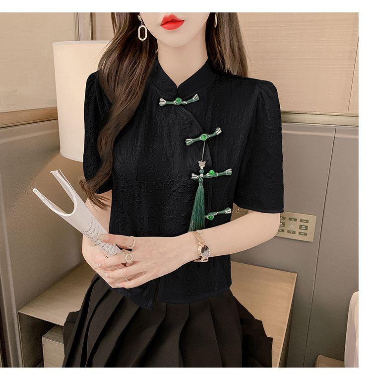 Product Introduction of Áo Sơ Mi Phong Cách Trung Quốc Hàng Mới Về, ngắn Tay Nữ, Bộ Sưu Tập Mùa Hè 2023, Thiết Kế Đẹp, Tay Phồng Độc Đáo Áo Có Nút Thắt Nút Trung Quốc Bất Đối Xứng 21