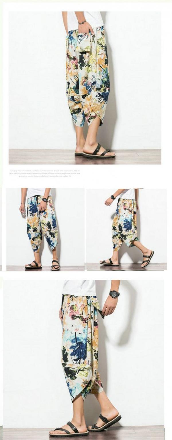 Product Introduction of Wind Cotton Linen Harem Pants Summer Beach Cropped Pants Men's Loose plus Size Bloomers Wind Flower Pants Trendy sweat  shorts jorts  pants linen  shorts  men 8