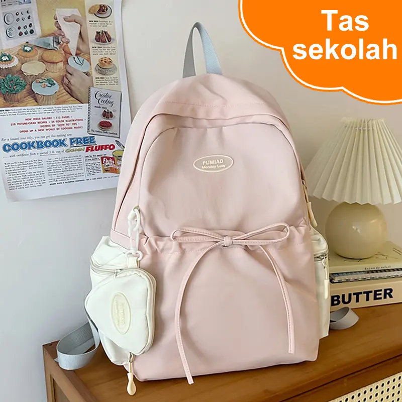 Ransel Canvas Backpack Tas Sekolah Tas Ransel Mini Wanita Flamingo Korean Casual Backpack Small pink Awan