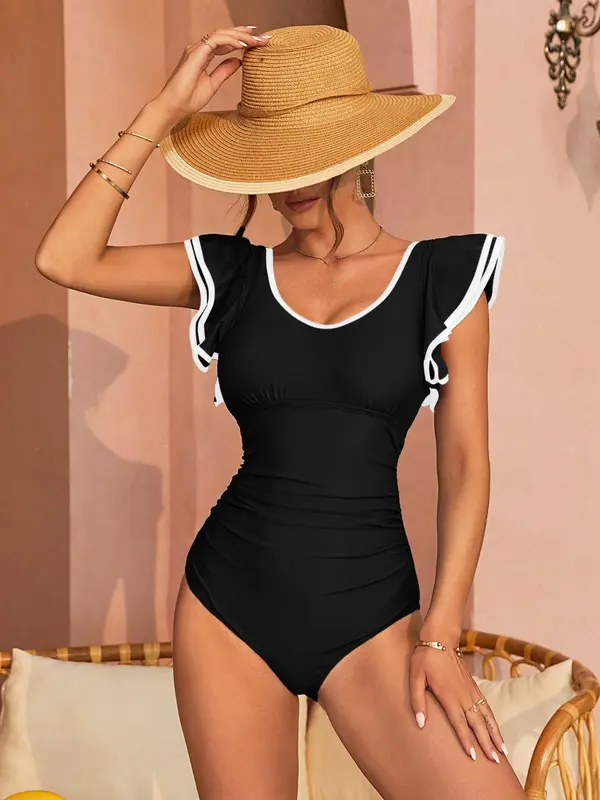 Women's Ruched Backless Contrast Binding One-piece Swimsuit, Casual Scoop Neck Butterfly Sleeve Swimwear for Summer, Ladies Swimsuit for Beach Holiday Vacation 0