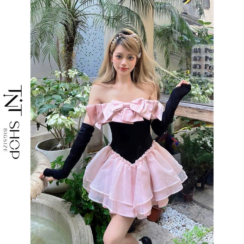 ĐẦM CÔNG CHÚA BIGSIZE TRỄ VAI ĐÍNH NƠ TO TNT SHOP BIGSIZE 60KG 90KG Nữ Dress Women Màu Hồng