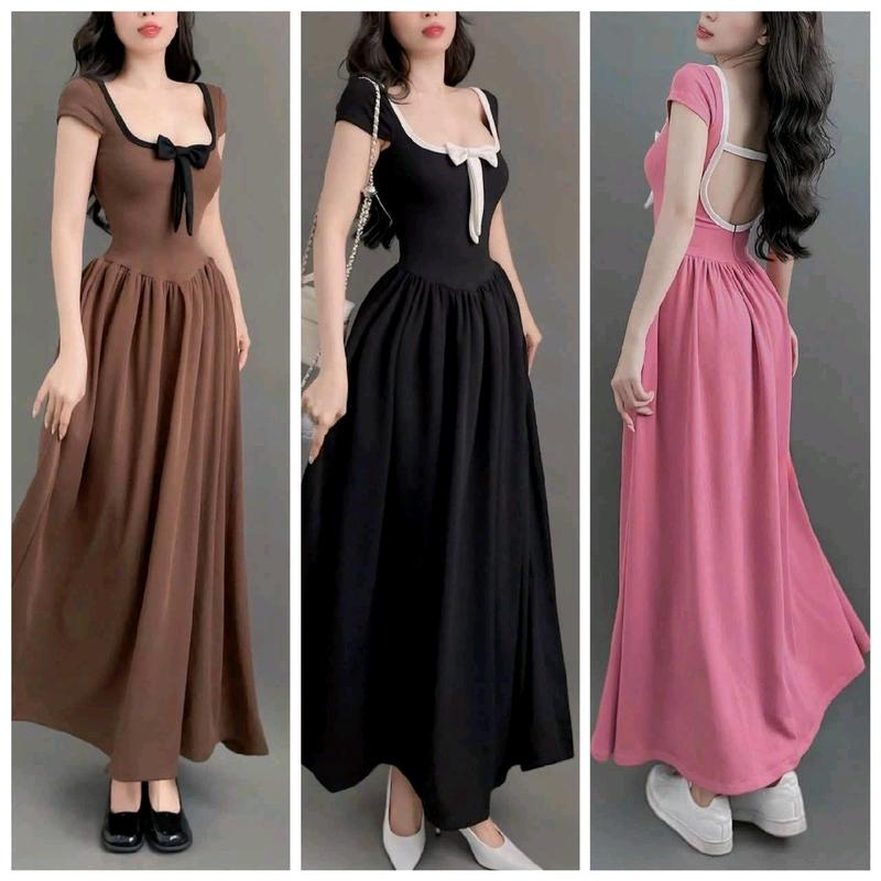 Đầm Tay Ngắn Cổ Vuông Đính Nơ Hở Lưng Chữ U Viền - Xòe Dài Maxi Ôm Body