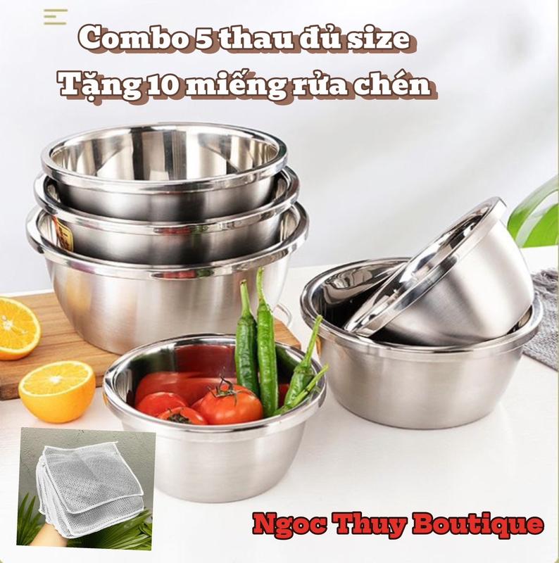 [ Tặng 10 miếng rửa chén ] Combo Bộ thau tròn 5 món inox loại dày đẹp, Rửa rau củ, Hoa quả, Đựng thực phẩm đa năng. ( Có size từ 20cm - 22cm - 24cm - 26cm - 28cm )