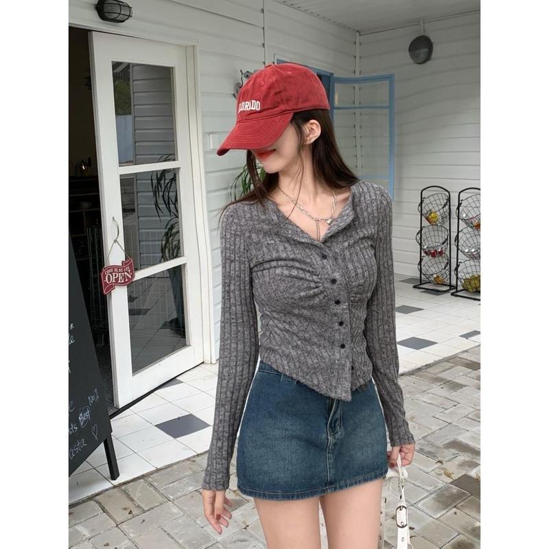 Áo Thun Dài Tay Áo Cánh, Dáng Ôm Trên Vai, Phong Cách BM, Có Thể Mặc Ngoài Trời, Phong Cách Độc Đáo Dễ Thương Và Gợi Cảm, Bó Sát, Thích Hợp Cho Đầu Mùa Thu, Mỏng 5