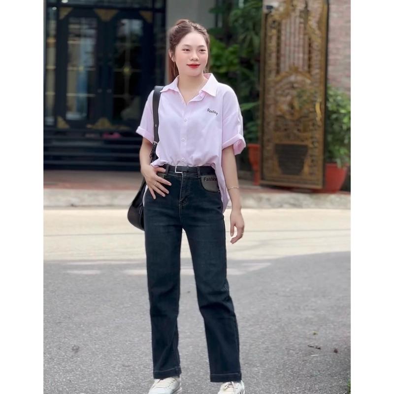 4200 live BIGGSIZE Quần jean nữ ống đứng co dãn cạp cao, quần ống đứng thêu chữ nhỏ túi Women Pants Denim Ong