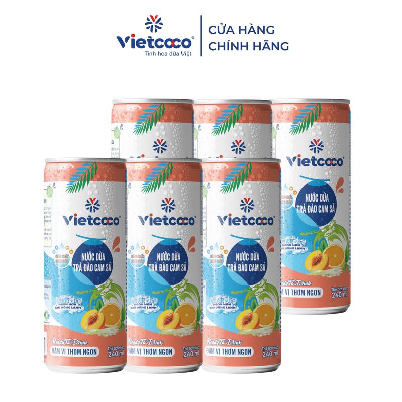Combo 6 lon Nước dừa trà đào cam sả Vietcoco 240ml