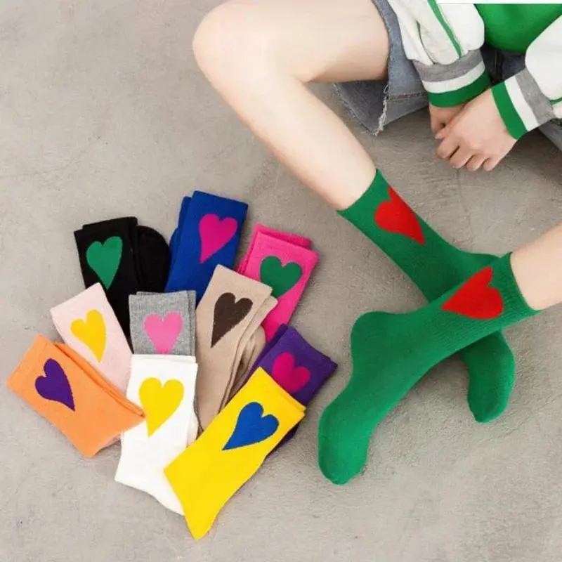 Tất Nữ, Phong Cách Hàn Quốc Kawaii, Họa Tiết Trái Tim, Dễ Thương, Thích Hợp Cho Khuôn Viên Học Đường, Cơ Bản Đơn Giản, Tươi Mới, Nữ Sokken, Tất Hạnh Phúc, Cô Gái Ngọt Ngào