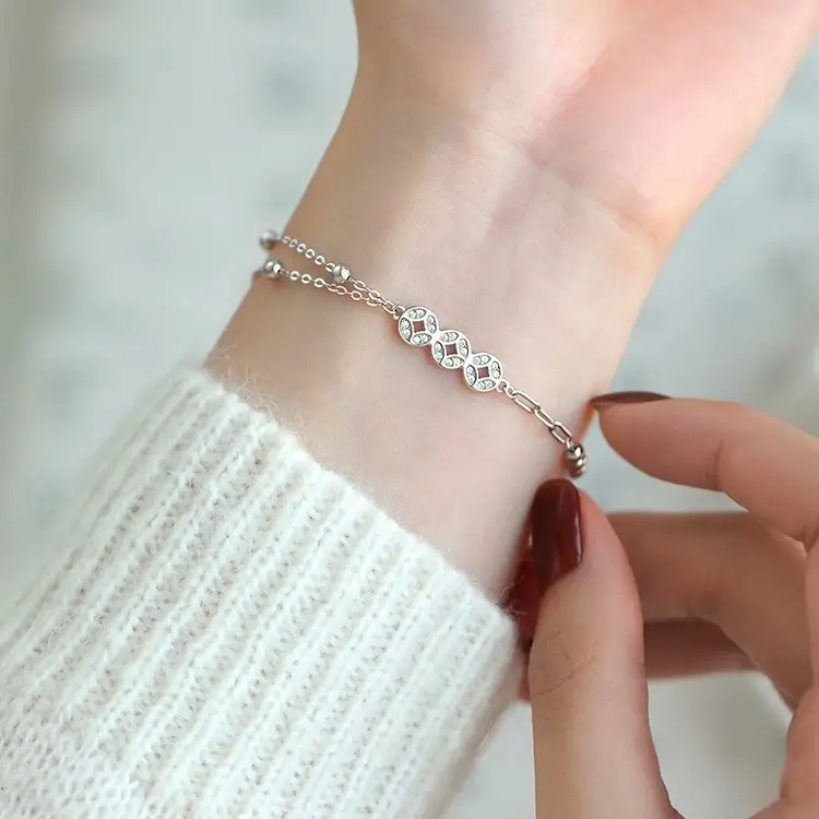 Vòng Tay Đồng Tiền Xu Đồng, Hạt Tròn May Mắn, Phong Cách Trung Quốc Cổ Đại Mới Của Trung Quốc, Phong Cách Cá Tính, Phong Cách Ngầu Đồ Trang Sức Cầm Tay Quốc Gia Cao Cấp, Dành Cho Bạn Gái 3
