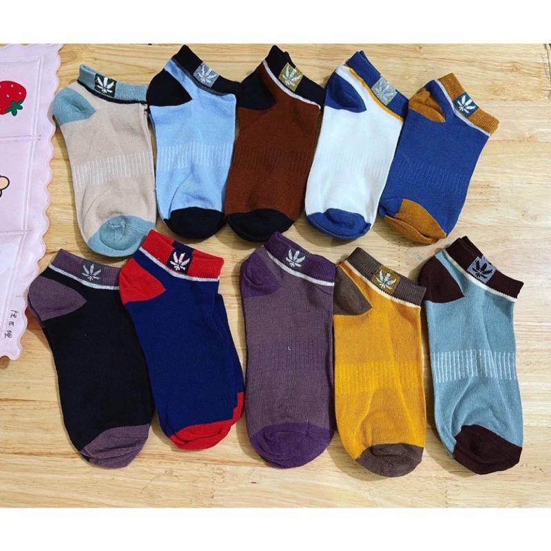 Set 10 đôi tất cổ ngắn unisex thấm hút mồ hôi. vớ co giãn bốn chiều chất liệu cotton hoạ tiết lá phong Thun 9