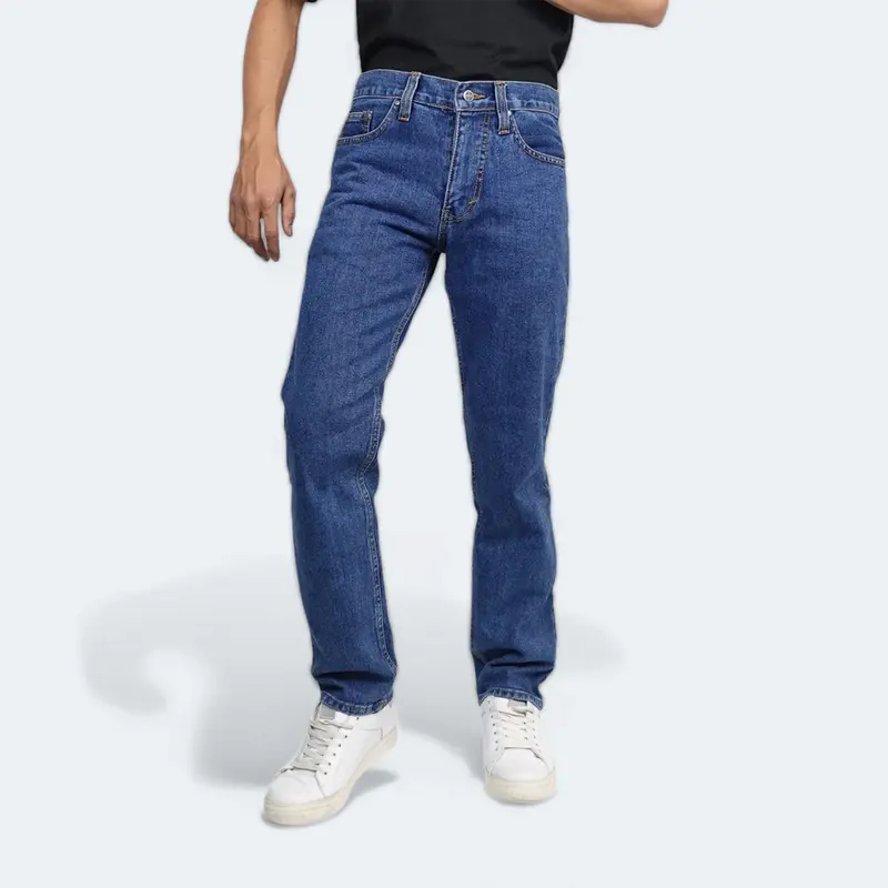 Celana Jeans Standar / Regular Fit Bio Wash Panjang Pria Denim Kasual Biru Medium Indigo Loose 1