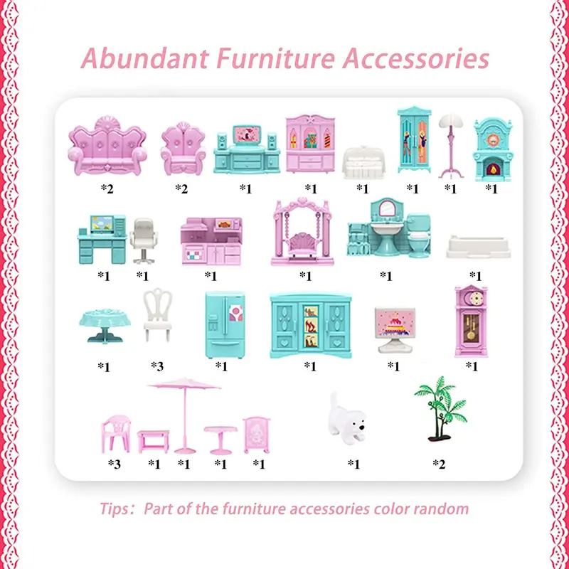 DIY Doll House Building Toys, 1 Set Pink Dollhouse with 11 Rooms & Furniture Accessories, DIY Pretend Play Toys For Kids, Stocking Fillers Gift 4