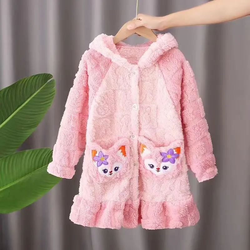 Áo choàng tắm đồ mặc ở nhà dày dặn lót lông cừu, cho bé gái và trẻ em và thanh thiếu niên, đồ ngủ trẻ em, lông cừu san hô, thích hợp cho mùa thu, đồ ngủ trẻ em set  đồ  nữ  đẹp 4