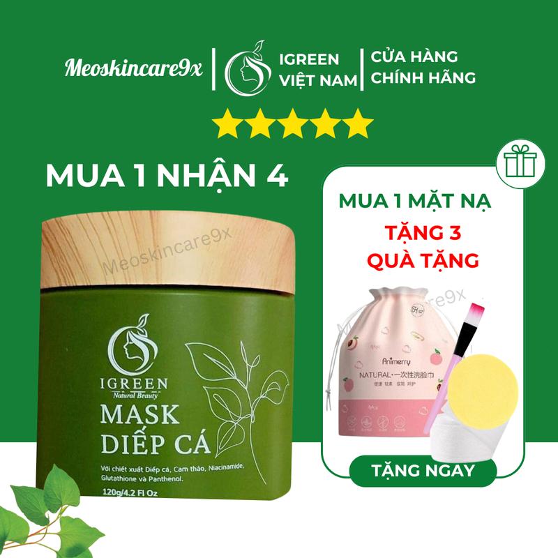 MASK DIẾP CÁ IGREEN DÀNH CHO DA DẦU MỤN 120GR - CHIẾT XUẤT TỪ DIẾP CÁ, CAM THẢO, CÚC LA MÃ, LỰU ĐỎ, KHỔ QUA - TẶNG KHĂN LAU MẶT, BÔNG NỞ MẶT BỌT BIỂN, CỌ QUÉT, COSMETICS, SKINCARE, Dưỡng ẩm da, meoskincare9x mặt  nạ giảm thâm mặt  nạ 0