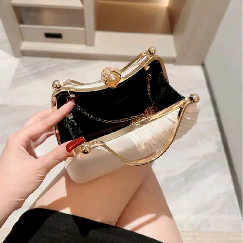 Túi Xách Nữ Đeo Chéo Women Bag Clutch Cầm Tay Cốp Đi Tiệc Quai Kiềng Đôi Lụa Màu Kem Xếp Ly Kèm Dây Xích Size 19 HÀNG CHUẨN QC Nhung đá 6