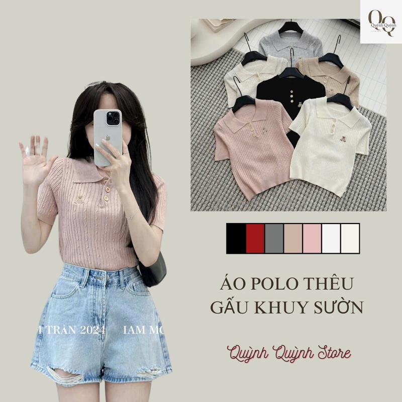 Áo Polo Len Thừng Thêu Gấu,Khuy Sườn,Dáng Vừa ,Hàng QC Nữ Ươmen (M86)