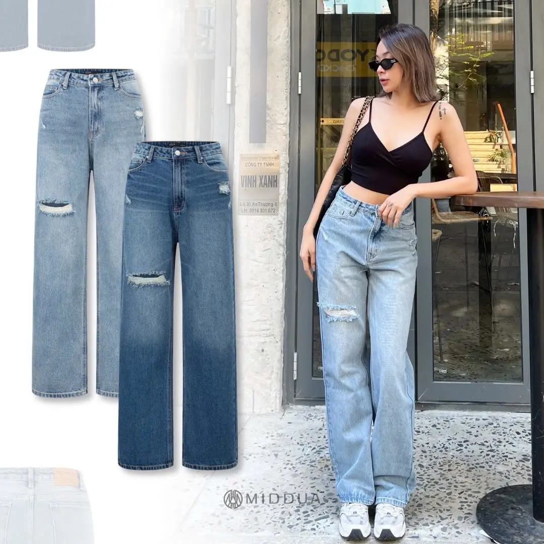 [MIDDUA] JN190 Quần denim ống đứng, chi tiết làm rách phần đùi