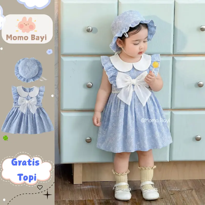 MOMO BAYI - Dress Bayi Perempuan Biru Muda Kerah Putih + Topi | Gaun Bayi Musim Panas Gaya Korea 3-24 Bulan