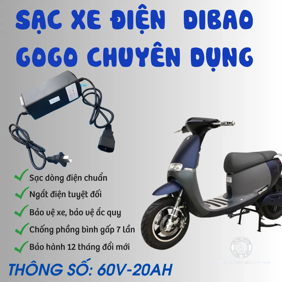 Sạc xe điện DIBAO GOGO - Sạc chính hãng -Tự ngắt khi đầy- Bảo hành 12 tháng (lỗi đổi mới)