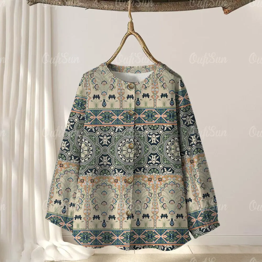 2025 New Ladies' Family Parent Child Shirts Muslimah Women Retro Ethnic Floral Print Blouse Women's Shirt 2025 Blouse Muslimah