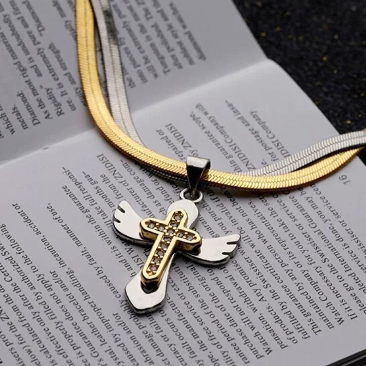 Dây chuyền vòng cổ đôi phong cách cá tính mặt hình thánh giá đính đá cánh thiên thần Kuu Clothes titan không gỉ dễ phối đồ - Vòng cổ đôi Salvat