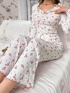 Two-Piece Set Women's Ditsy Floral Print Bow Decor Lettuce Trim Pajama, Casual Comfy Ruched V Neck Long Sleeve Top & Elastic Waist Pants PJ Set, Ladies Sleepwear for All Seasons