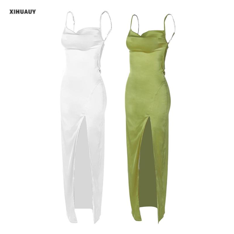 Product Introduction of Women's Satin Bodycon Long Dress Spaghetti Strap Cowl Neck Midi Dress High Split Party Dress 31