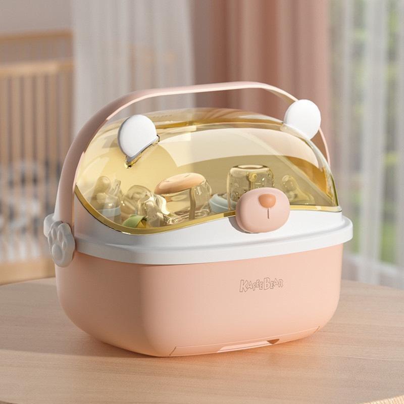 khay úp bình sữa hình gấu, Hộp đựng bình sữa cho bé để phơi và thoát nước có nắp đậy, thức ăn cho bé chống bụi, bộ đồ ăn và dụng cụ