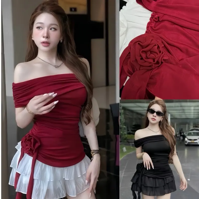 Áo Rúm Phối Hoa Trễ Vai - A309 Nữ Women Top 0