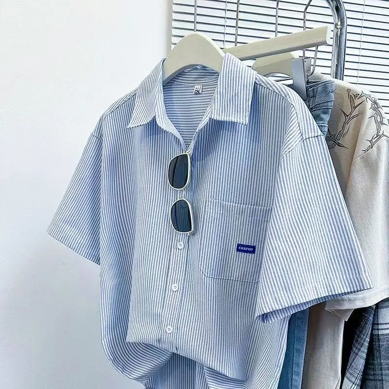 Áo sơ mi ngắn tay sọc Xanh Biển retro kiểu Nhật Bản, áo sơ mi bé trai và bé gái mùa hè rộng rãi, phù hợp với đa năng, mỏng, áo mới, áo khoác ngoài 0