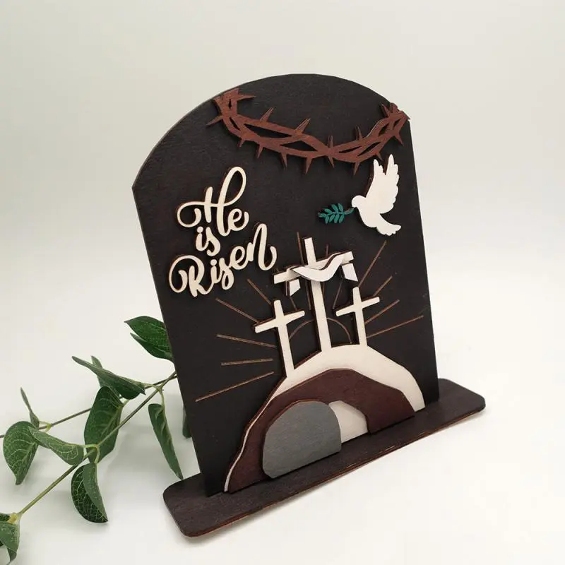 Cross & Tomb Design Wooden Ornament, 1 Count Creative Desktop Decoration, Easter Decoration for Home Living Room Bedroom, Home Decor 6