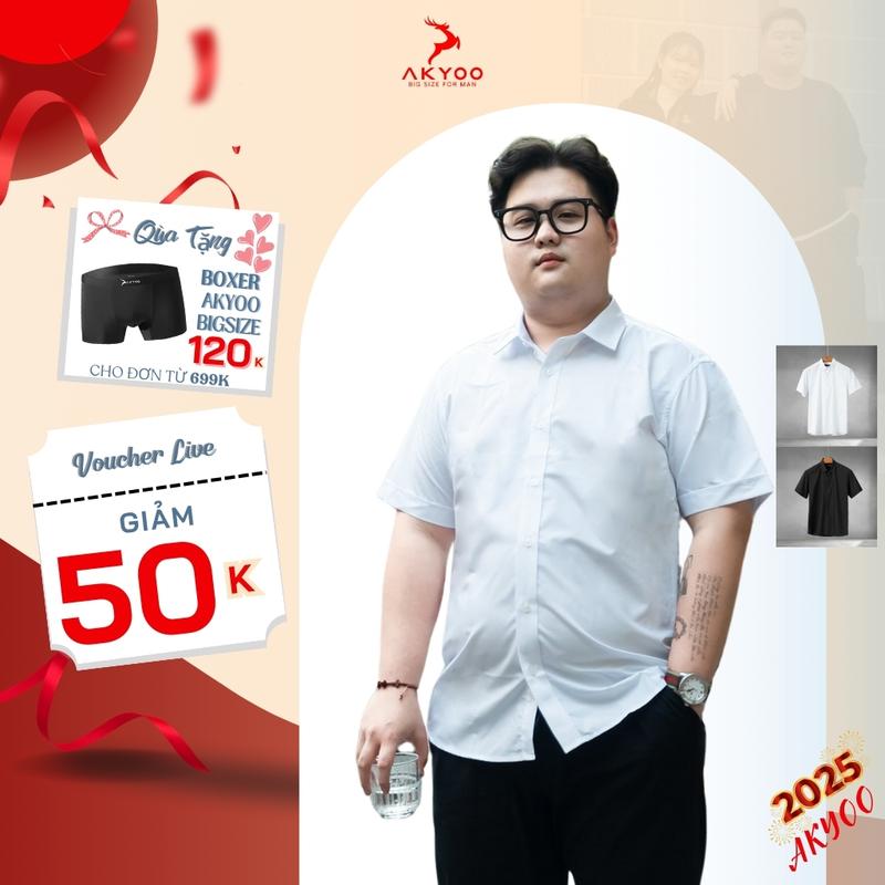 Áo sơ mi big size nam cộc tay AKYOO 80 - 130kg, màu đen - trắng, vải nến cao cấp, thanh lịch, Menswear shirt Cổ Tròn