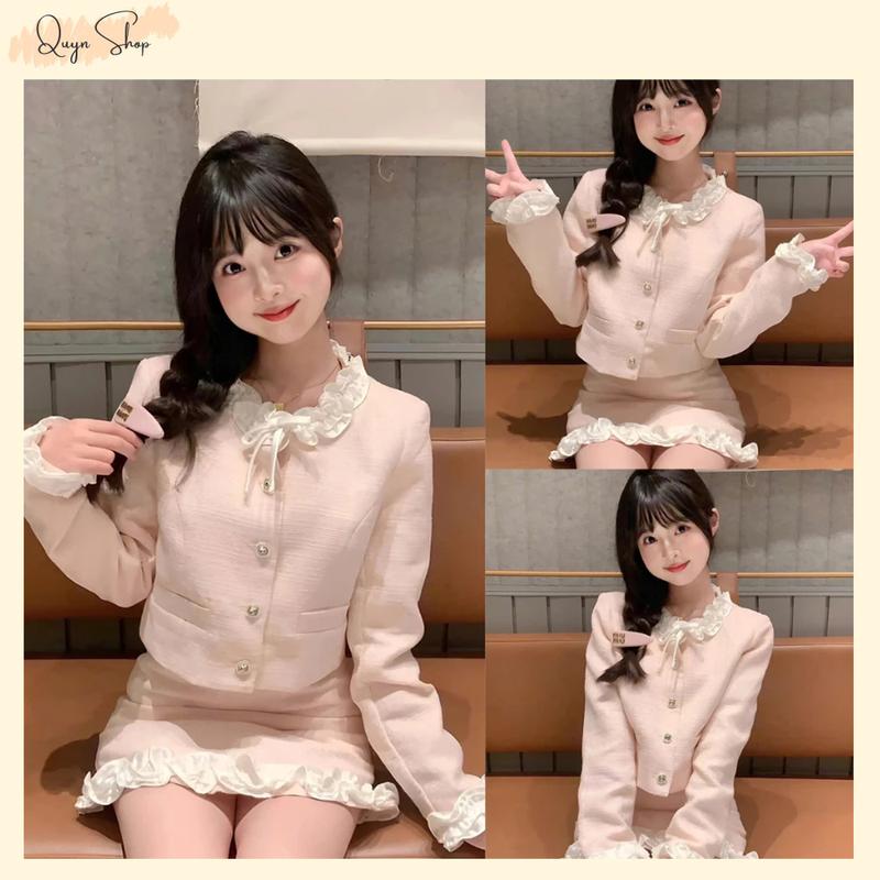  Quyn Shop Bộ Đồ Tiểu Thư 2 Món Gồm Áo Dạ Phối Viền Bèo + Chân Váy Dạ Dáng Chữ A Có Quần Trong Top Thời Trang Xuân Thu Đông Chất Liệu Vải Dạ Cao Cấp Phong Cách Thanh Lịch Sang Trọng - Kem 