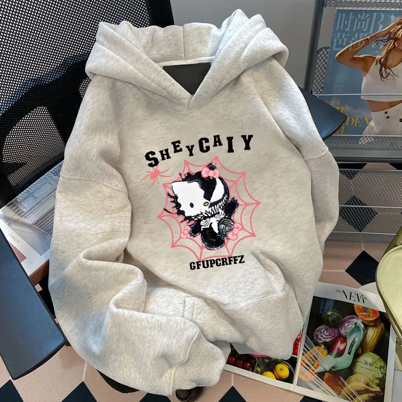 Áo Len Có Mũ Hello Kitty, Ngọt Ngào Và Ngầu, Dành Cho Nam Và Nữ, Phong Cách Đầu Thu, Thiết Kế Dễ Thương Với Nhện Hello Kitty Chính Hãng Dáng Rộng Vừa Vặn, Áo Khoác Ins