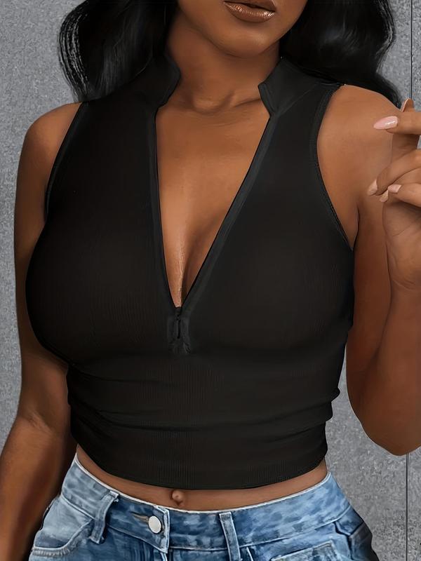 Women's Solid Color Half Placket Zipper Mock Neck Ribbed Crop Tank Top, Casual Sleeveless Cropped Top for Summer, Summer Clothes, Going Out Top, Streetwear, Ladies Clothing for Daily Wear 3