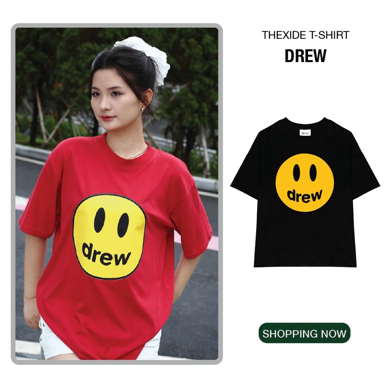 Áo thun nam The Xide áo phông nam nữ in hình Drew có chữ unisex form rộng chất cotton 2 chiều định lượng 250gr co giãn Menswear Cổ Tròn áo rằn ri unisex đỏ-yellowsun927 únisex