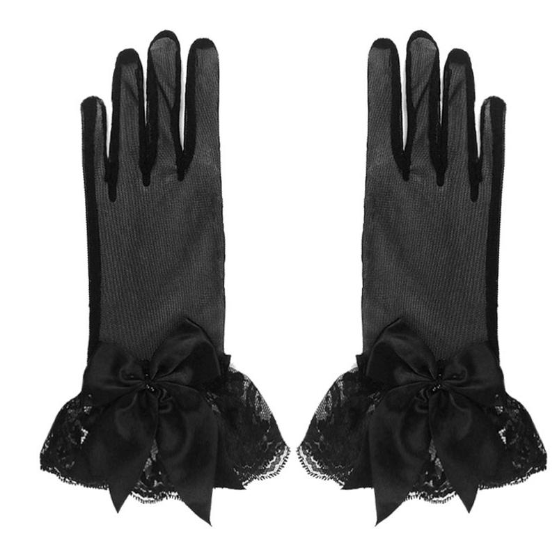 Women Bowknot Decor Fishnet Short Gloves Lace Gloves Goth Cosplay Accessory 8