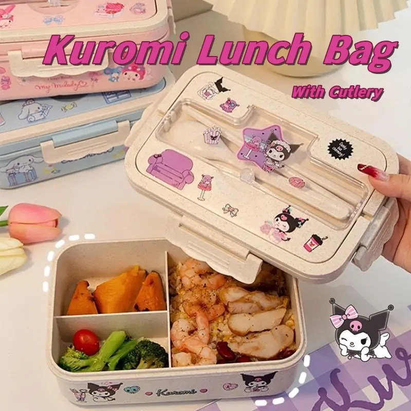 Sanrio Kuromi - beg makan tengah hari kanak-kanak, mesra alam, comel, kartun, dengan kutleri, kapasiti besar, kotak makan tengah hari pelajar, kotak makan tengah hari luar, penyimpanan makanan Cutlery Kitchenware
