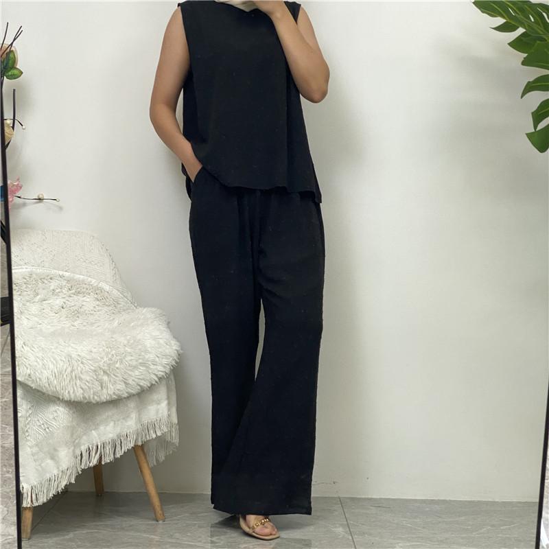 Product Introduction of Robe Three-Piece Set Long Cardigan Sleeveless Top and Pants with Pockets Muslim Islamic Clothing 1958 7