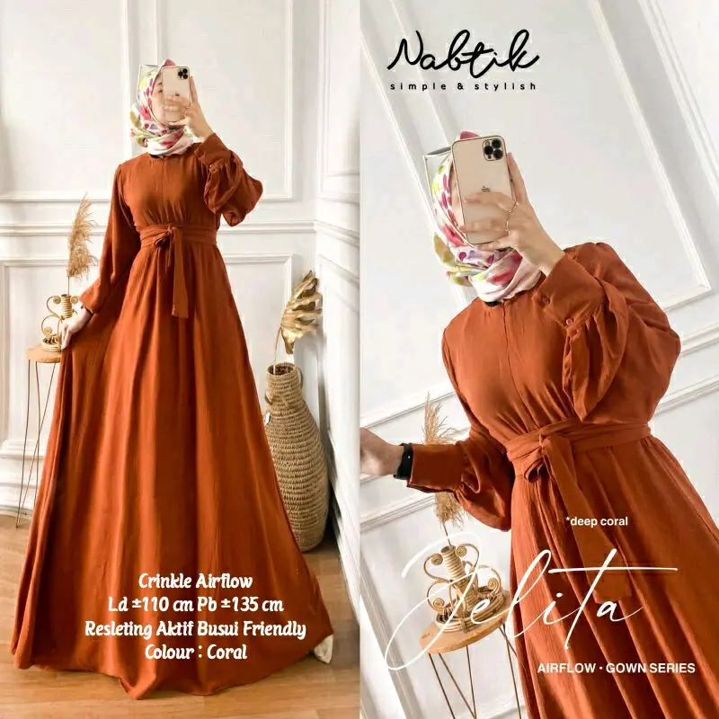 MG - JELITA GOWN MAXY ZIPPER DEPAN LD 110 Gamis Crinkle Airflow Baju Remaja Wanita Simple Nyaman by Mumufashion