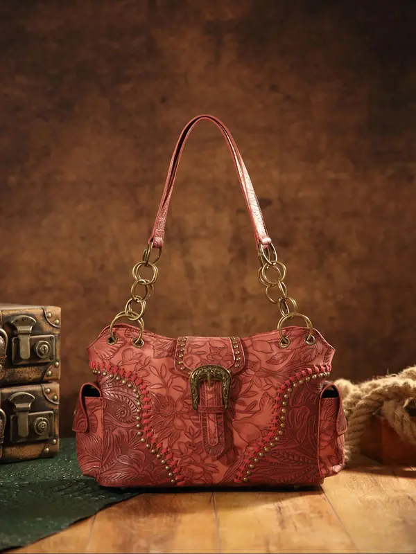 Fashion Vintage Floral Embossed Buckle Decorated Square Bag,  Casual Shoulder Bag for Women, All-match Handbag for Daily Used 0