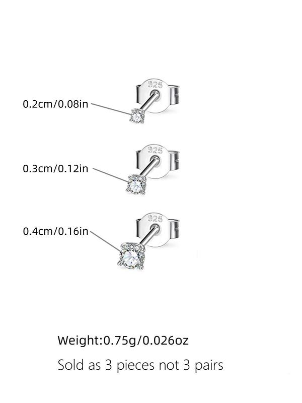 925 Sterling Silver Rhinestone Decorated Stud Earrings, 3 Counts Fashion Temperament Earrings for Women & Men, Trendy All-match & Exquisite Jewelry for Birthday Gift 4
