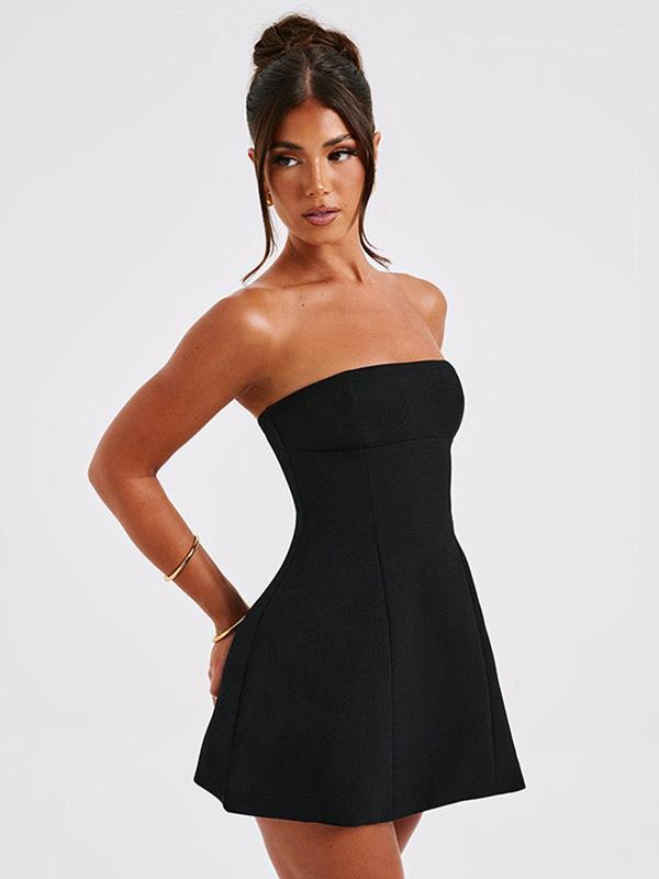Christmas Gift Women's Solid Color Strapless A Line Dress, Fashion Casual Short Dress for Party Club Dating Wear, Women Dress for Summer Valentine's Day, gift 2
