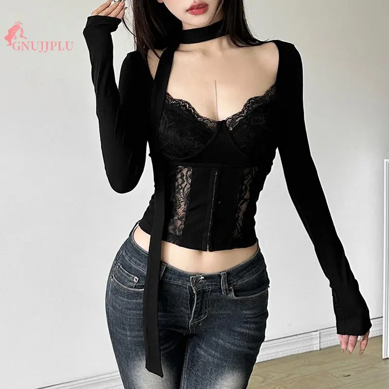 (Limited Time Special Offer)  Women's TikTok Viral Lace Crop Tops  V Neck Long Sleeve Blouse with Scarf Must-Have Summer Trend!