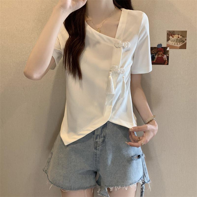 Product Introduction of Women's New Chinese Button Irregular Short T-shirt Fat Mm Cover Belly V-neck Top Womenswear Blouse Check Flat 11