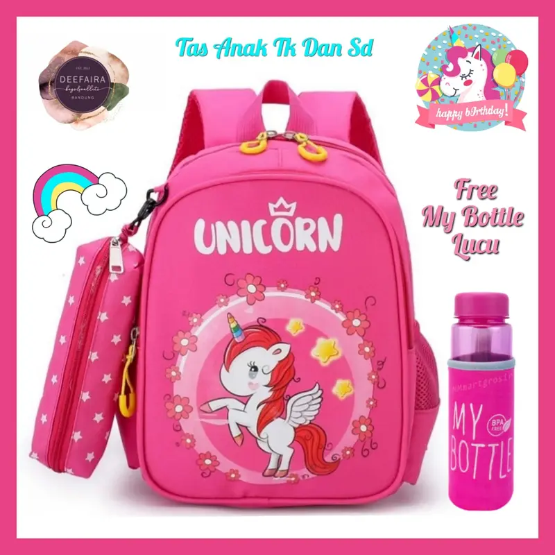 |Deefaira| Tas Uniqorn Unofficial 3 in 1 (Free Pouch pensil dan My Bottle) Ransel Sekolah Anak Perempuan untuk TK PAUD SD Fashion 1